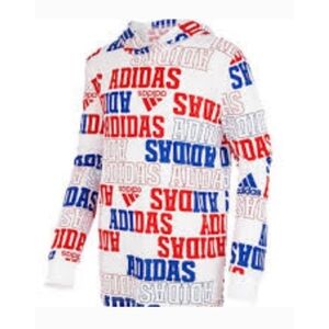Boy's Adidas All Over Print Long Sleeve Hooded Shirt White Red & Blue XL(18/20)